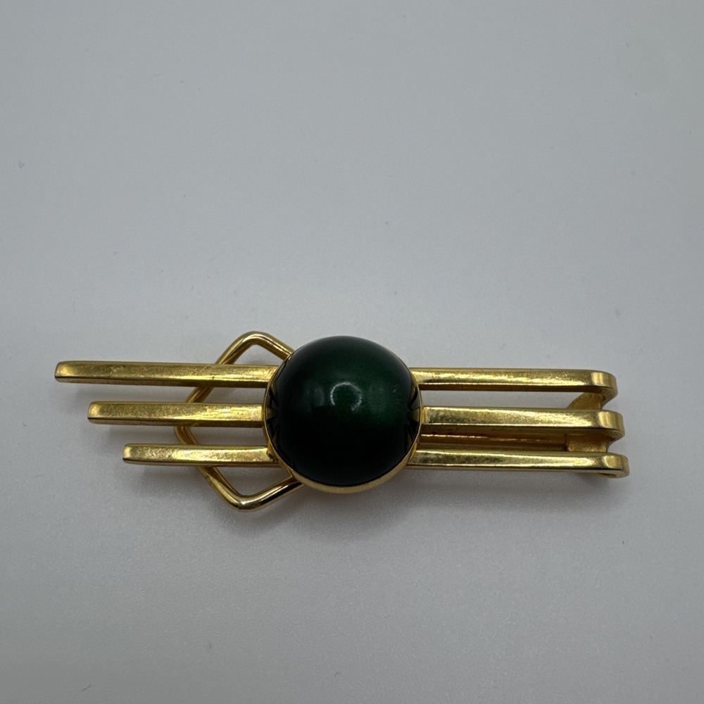 Vintage Swank Gold Tone Tie Clip Bar Green Malachite Look Stone Mid Century - Picture 1 of 5